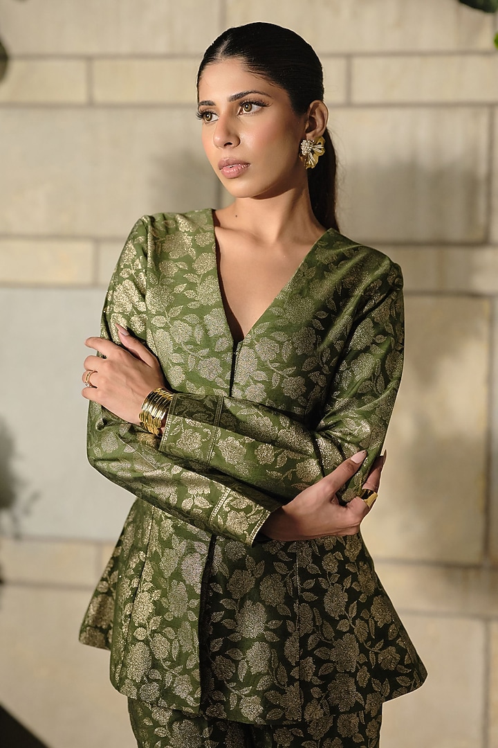 Green Pure Moonga Silk Floral Weave Jacket Set by Safaa at Pernia's Pop Up Shop