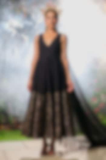 Black Pure Moonga Silk Floral Weave Vacation Dress by Safaa at Pernia's Pop Up Shop