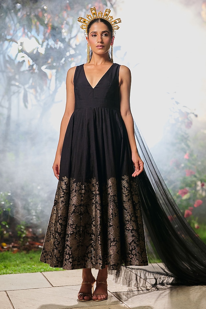 Black Pure Moonga Silk Floral Weave Vacation Dress by Safaa at Pernia's Pop Up Shop