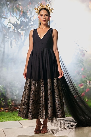 Black Pure Moonga Silk Floral Weave Dress by Safaa