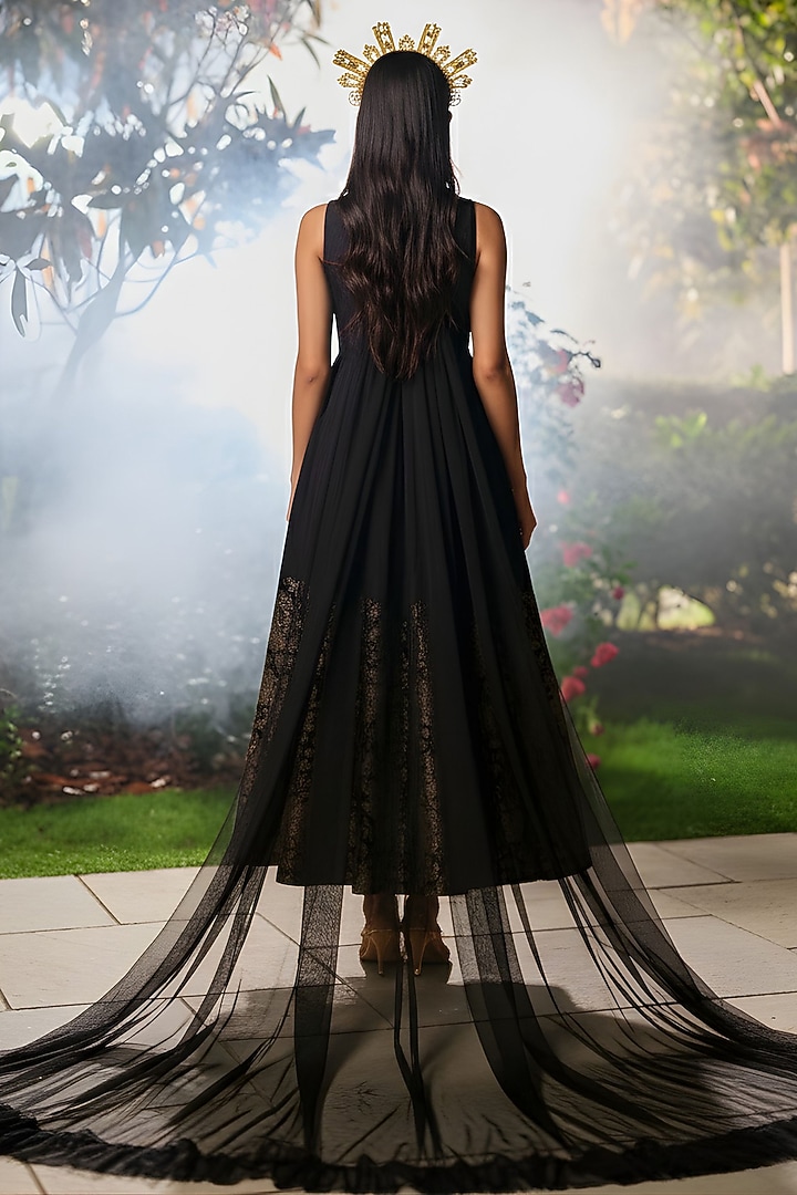 Black Pure Moonga Silk Floral Weave Vacation Dress by Safaa at Pernia's Pop Up Shop