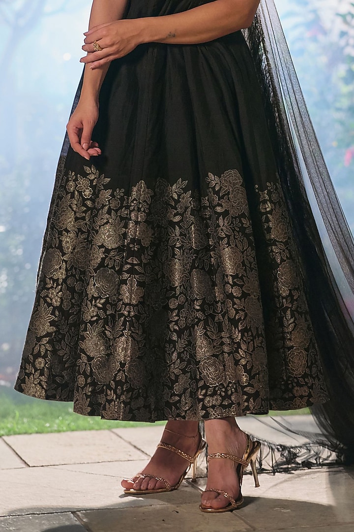 Black Pure Moonga Silk Floral Weave Vacation Dress by Safaa at Pernia's Pop Up Shop