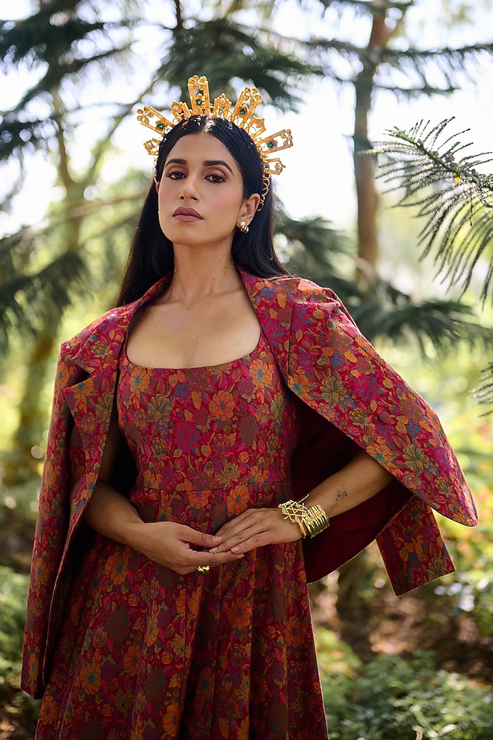 Magenta Pure Moonga Silk Floral Weave Blazer Set by Safaa at Pernia's Pop Up Shop