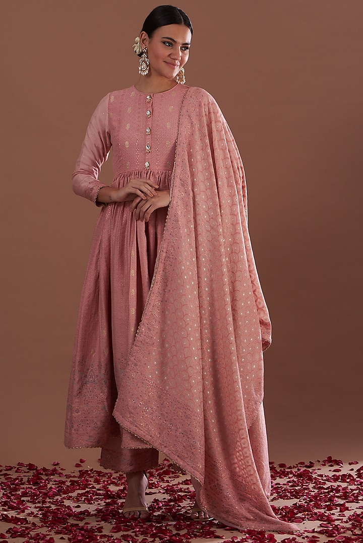 Monotone Pink Vegan Silk Anarkali Set by Safaa at Pernia's Pop Up Shop