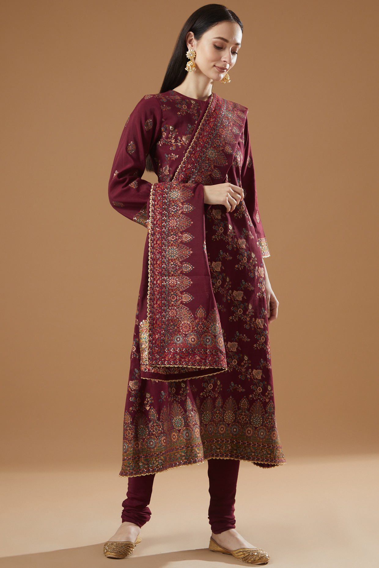 Burgundy Red Printed A-Line Kurta Set by Safaa