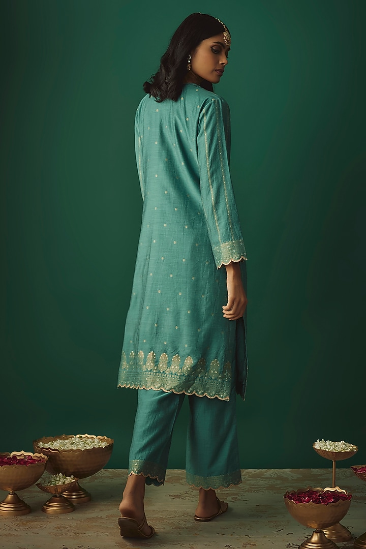 Sea Green Vegan Silk Woven Zari Work Kurta Set by Safaa at Pernia's Pop Up Shop