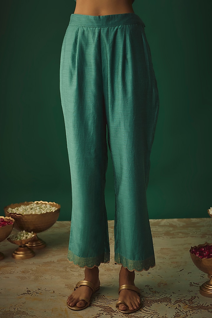 Sea Green Vegan Silk Woven Zari Work Kurta Set by Safaa at Pernia's Pop Up Shop