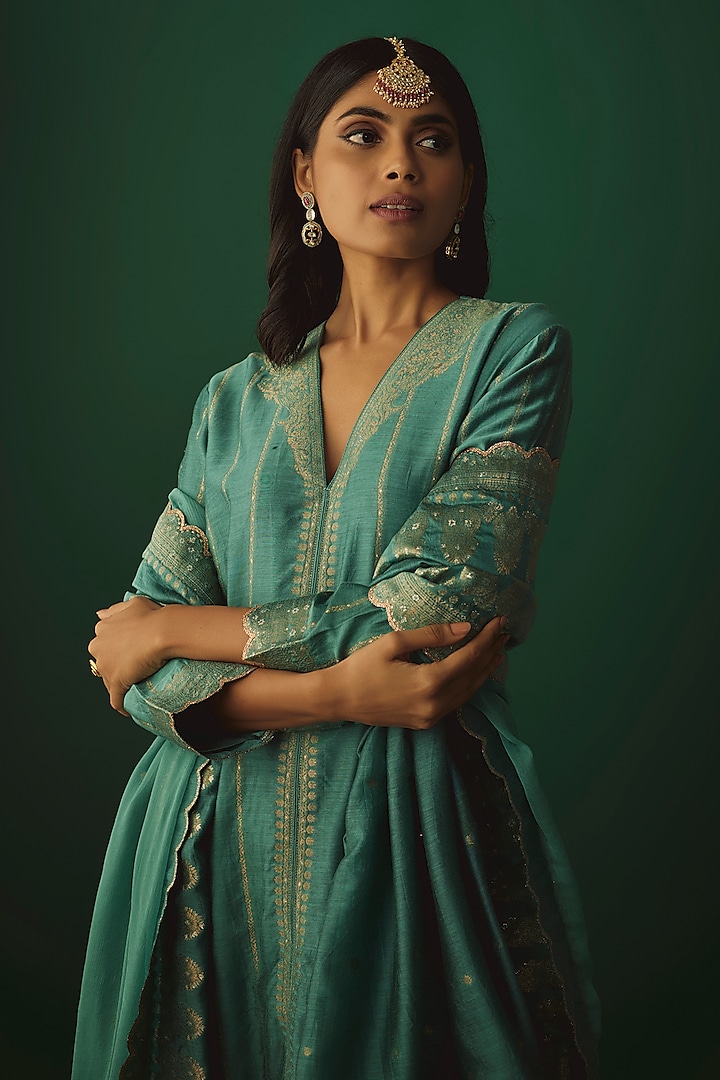 Sea Green Vegan Silk Woven Zari Work Kurta Set by Safaa at Pernia's Pop Up Shop