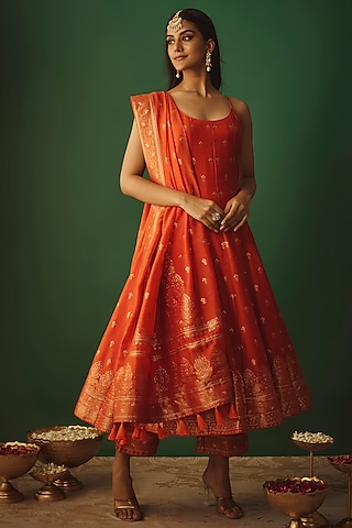 Orange Vegan Silk Woven Zari Work Anarkali Set by Safaa