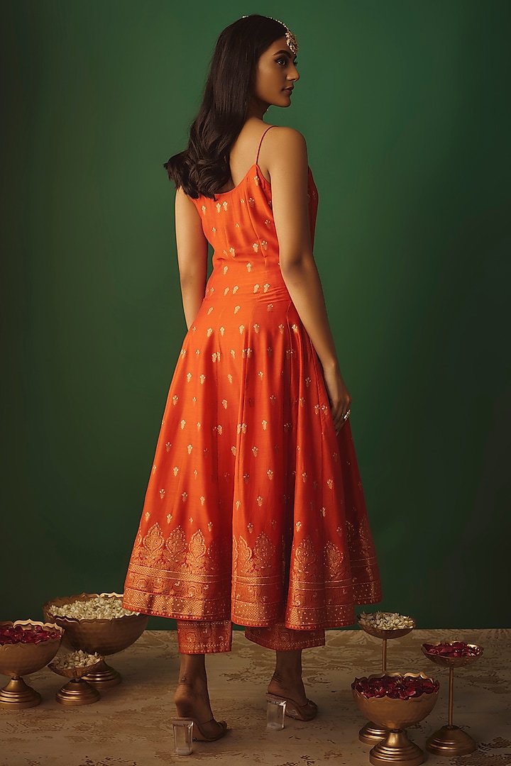 Orange Vegan Silk Woven Zari Work Wedding Anarkali Set by Safaa at Pernia's Pop Up Shop