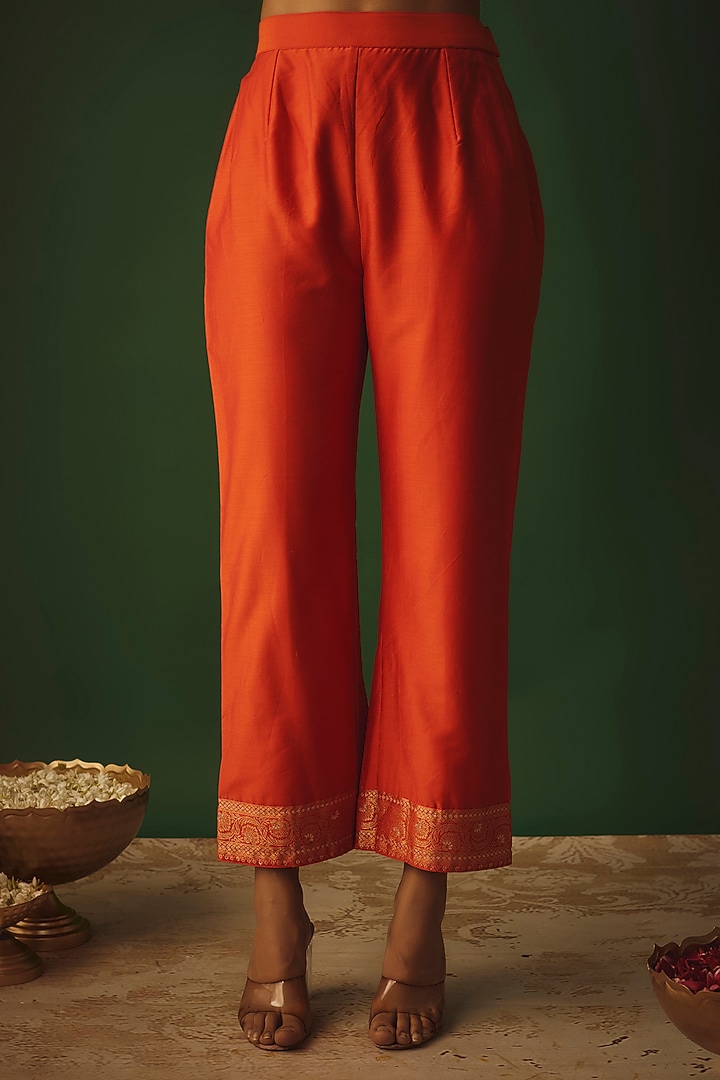 Orange Vegan Silk Woven Zari Work Wedding Anarkali Set by Safaa at Pernia's Pop Up Shop