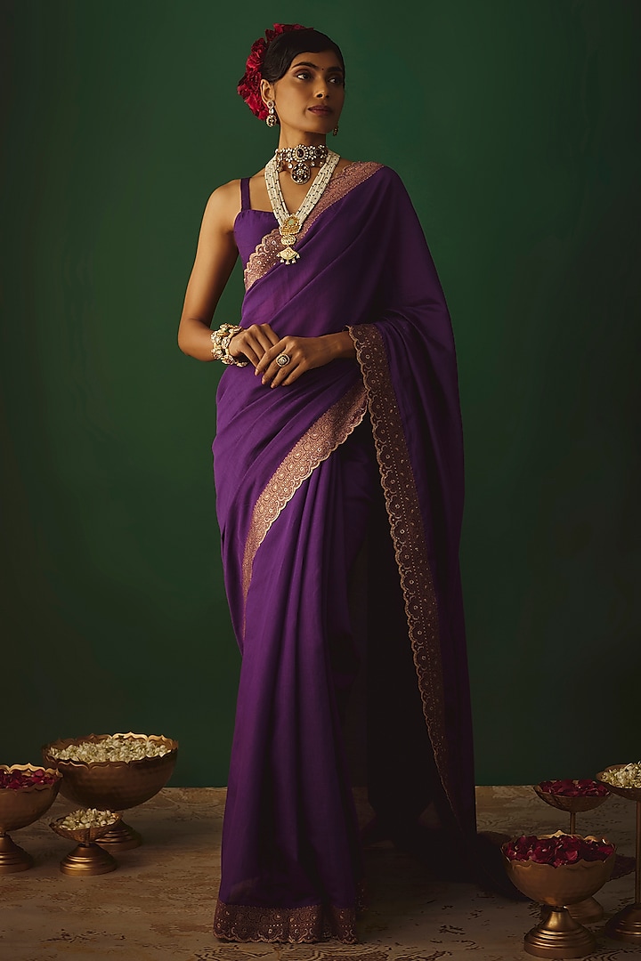 Purple Moonga Silk Zari Work Party Wear Saree Set by Safaa at Pernia's Pop Up Shop
