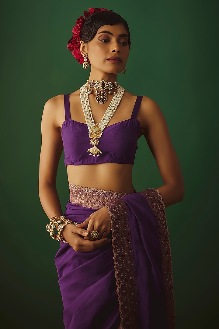 Purple Moonga Silk Zari Work Party Wear Saree Set by Safaa at Pernia's Pop Up Shop