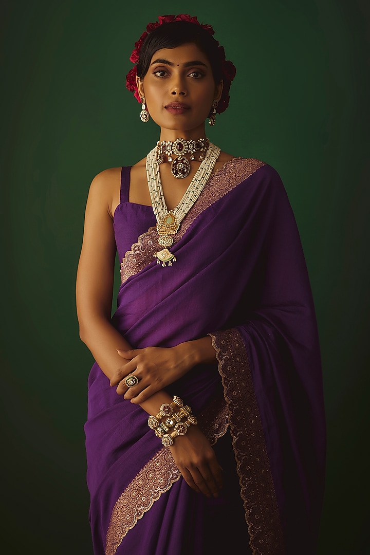 Purple Moonga Silk Zari Work Party Wear Saree Set by Safaa at Pernia's Pop Up Shop