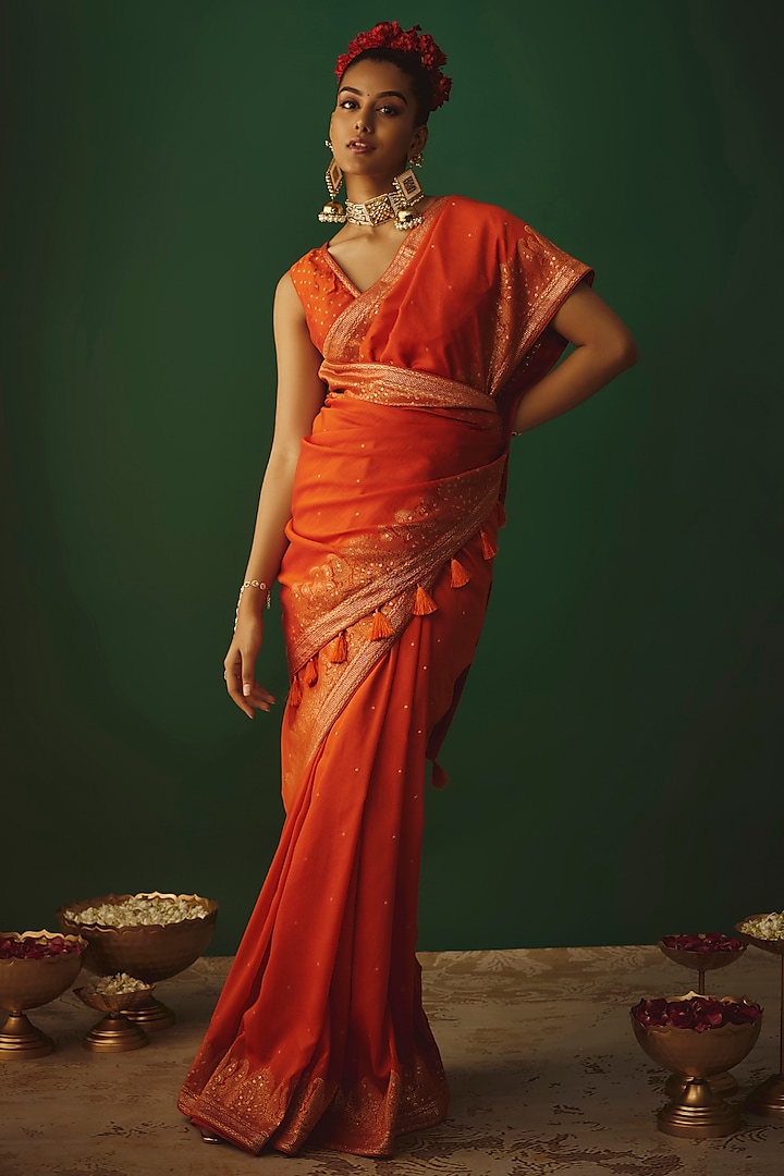 Orange Moonga Silk Woven Zari Work Saree Set by Safaa at Pernia's Pop Up Shop