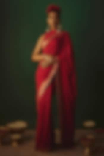 Fuchsia Pink Moonga Silk Zari Work Party Wear Saree Set by Safaa at Pernia's Pop Up Shop