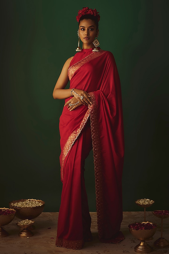 Fuchsia Pink Moonga Silk Zari Work Party Wear Saree Set by Safaa at Pernia's Pop Up Shop