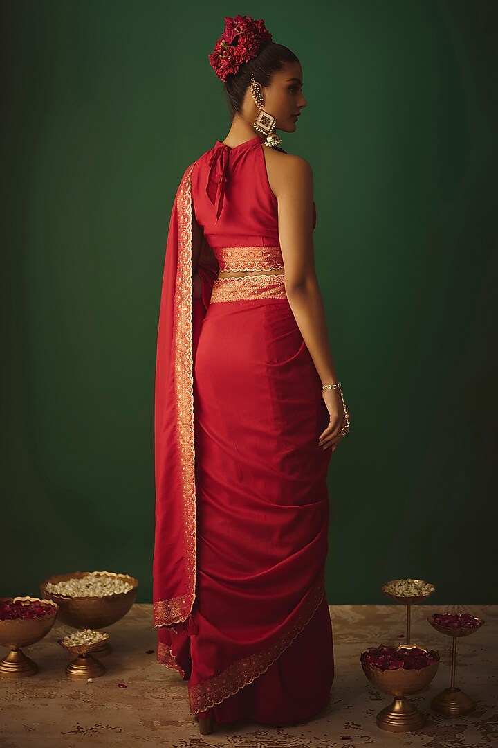 Fuchsia Pink Moonga Silk Zari Work Party Wear Saree Set by Safaa at Pernia's Pop Up Shop