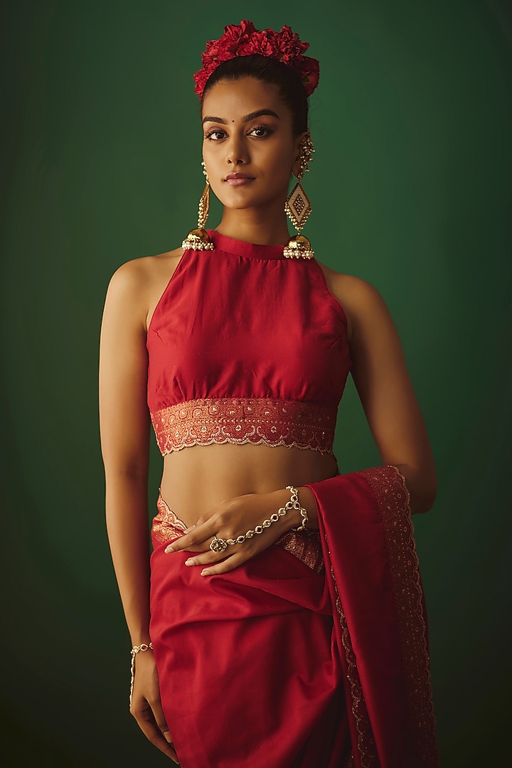 Fuchsia Pink Moonga Silk Zari Work Party Wear Saree Set by Safaa at Pernia's Pop Up Shop