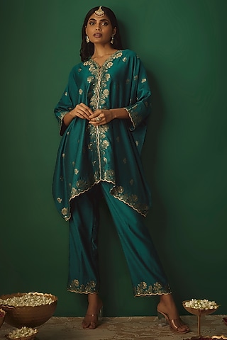 Green Vegan Silk Woven Zari Work Kaftan Set by Safaa