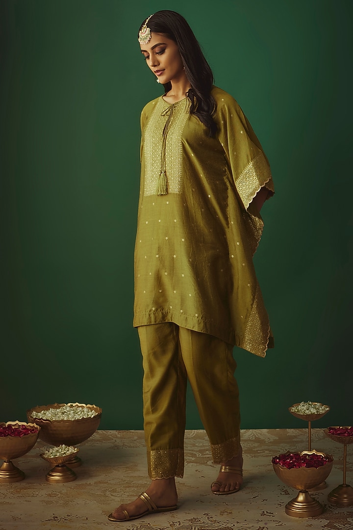 Olive Green Vegan Silk Woven Zari Work Kaftan Set by Safaa at Pernia's Pop Up Shop