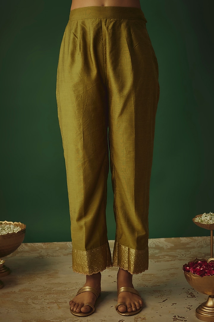 Olive Green Vegan Silk Woven Zari Work Kaftan Set by Safaa at Pernia's Pop Up Shop