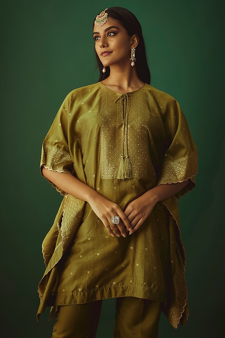 Olive Green Vegan Silk Woven Zari Work Kaftan Set by Safaa at Pernia's Pop Up Shop