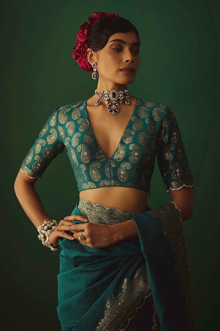 Green Moonga Silk Woven Zari Embroidered Party Wear Saree Set by Safaa at Pernia's Pop Up Shop