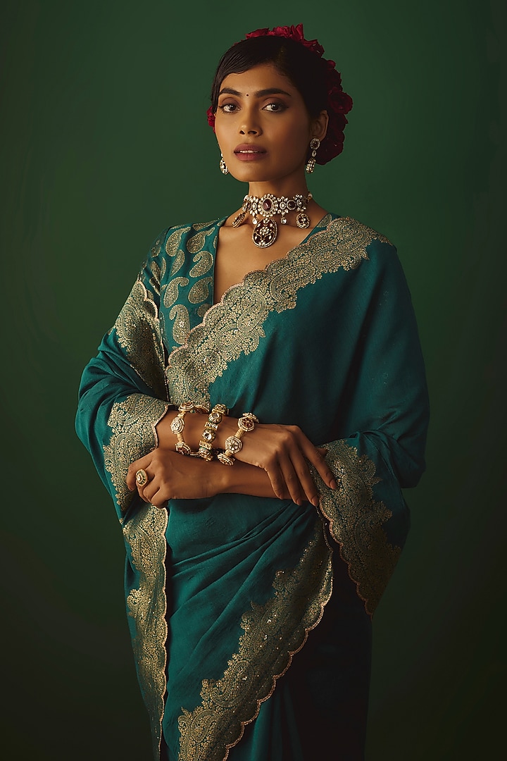 Green Moonga Silk Woven Zari Embroidered Party Wear Saree Set by Safaa at Pernia's Pop Up Shop