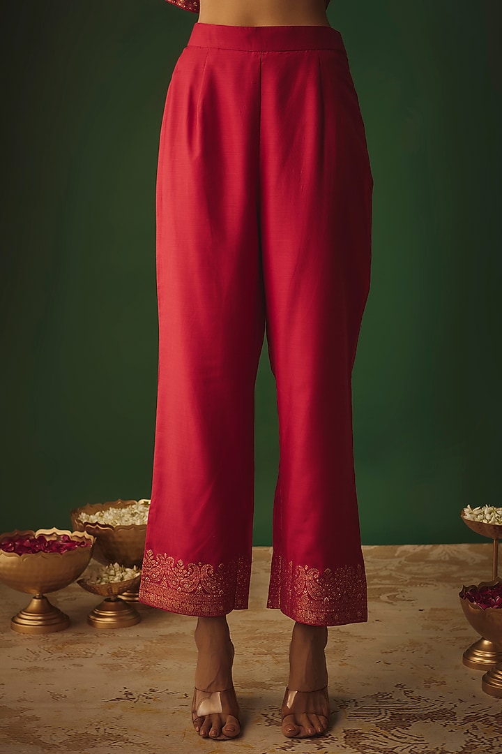 Red Vegan Silk Woven Zari Work Wedding Anarkali Set by Safaa at Pernia's Pop Up Shop