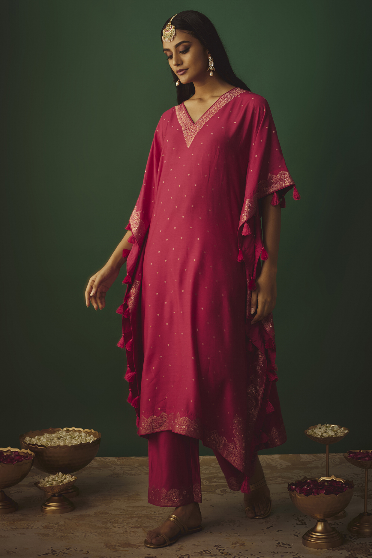 Fuchsia Pink Vegan Silk Woven Zari Work Kaftan Set by Safaa at Pernia's Pop Up Shop