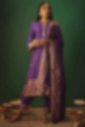 Purple Vegan Silk Woven Zari Work A-Line Kurta Set by Safaa