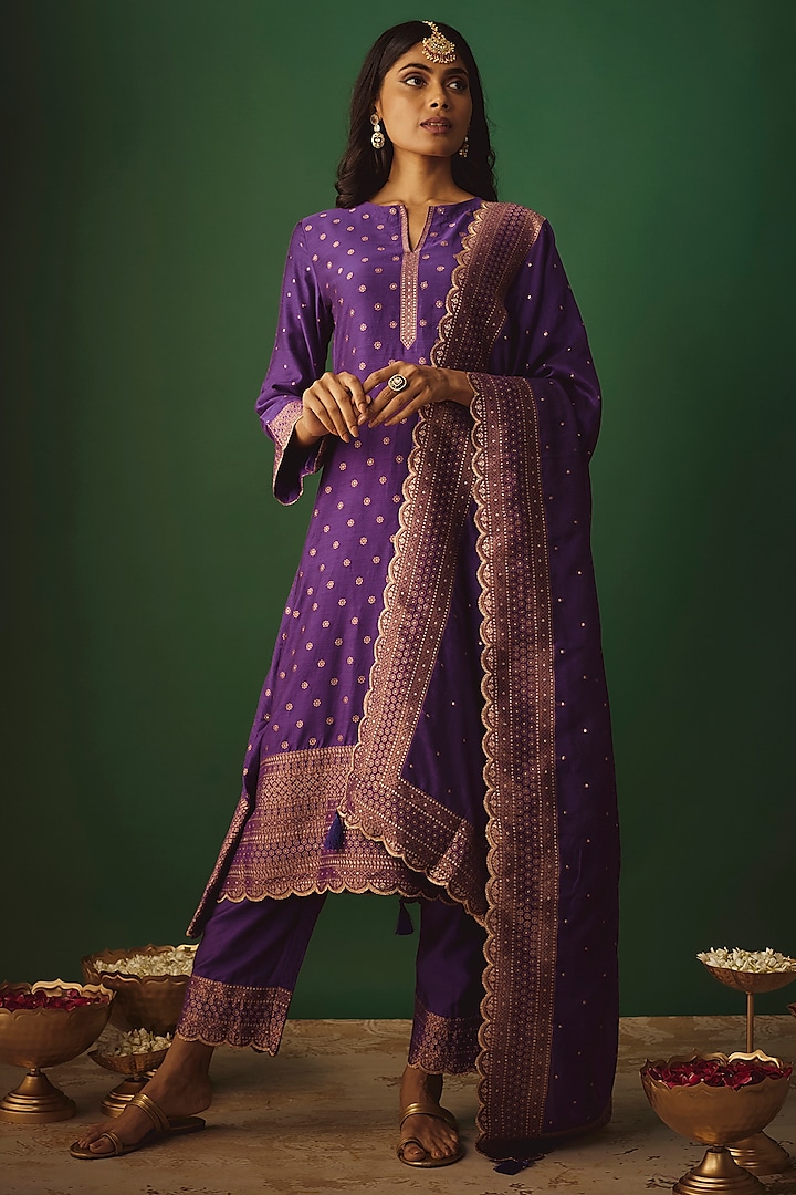Purple Vegan Silk Woven Zari Work A-Line Kurta Set by Safaa