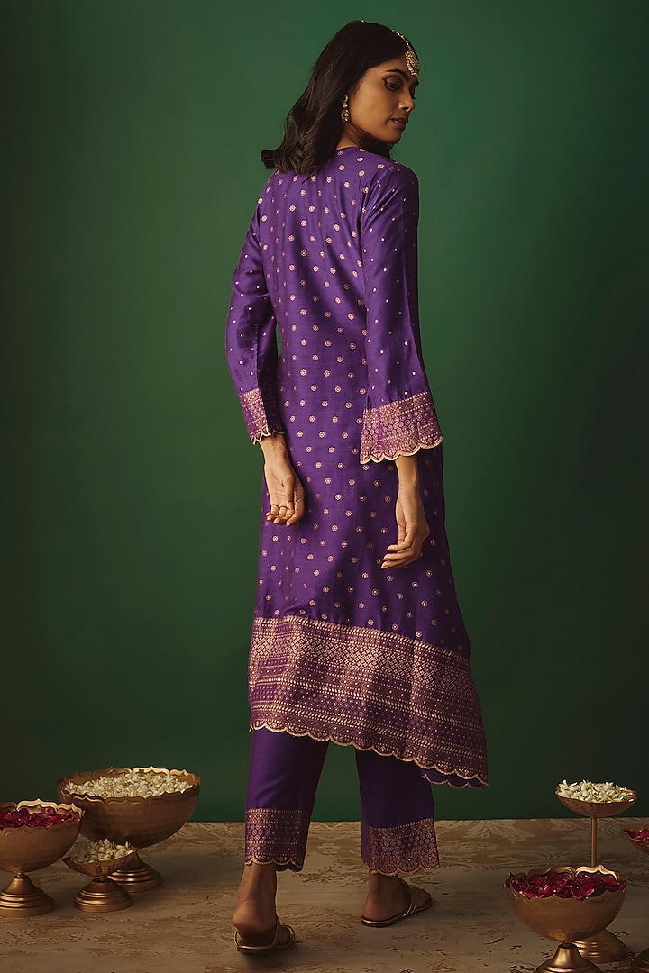 Purple Vegan Silk Woven Zari Work A-Line Kurta Set by Safaa at Pernia's Pop Up Shop