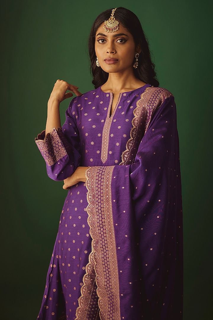 Purple Vegan Silk Woven Zari Work A-Line Kurta Set by Safaa at Pernia's Pop Up Shop