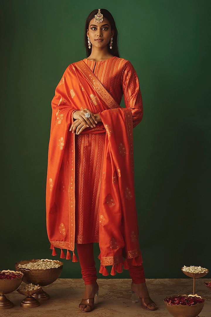 Orange Vegan Silk Woven Zari Work Kurta Set by Safaa