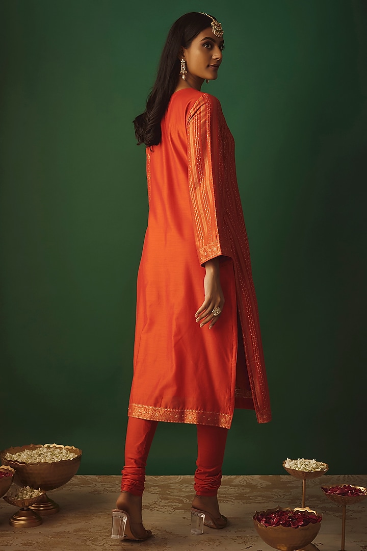 Orange Vegan Silk Woven Zari Work Kurta Set by Safaa at Pernia's Pop Up Shop
