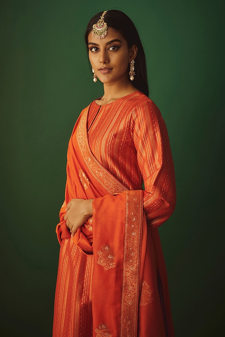 Orange Vegan Silk Woven Zari Work Kurta Set by Safaa at Pernia's Pop Up Shop