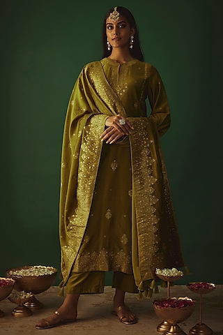 Olive Green Vegan Silk Woven Zari Work Kurta Set by Safaa