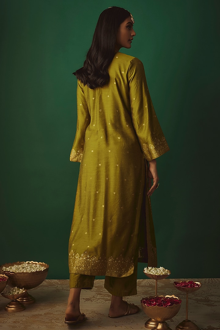 Olive Green Vegan Silk Woven Zari Work Kurta Set by Safaa at Pernia's Pop Up Shop