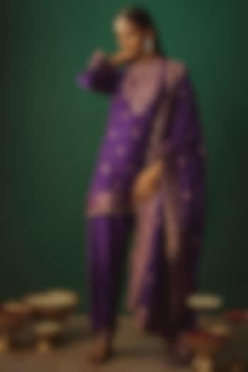 Purple Vegan Silk Woven Zari Work Short Kurta Set by Safaa