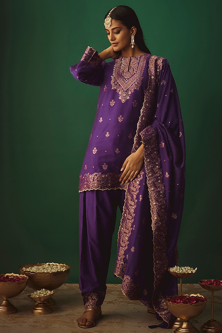 Purple Vegan Silk Woven Zari Work Short Kurta Set by Safaa