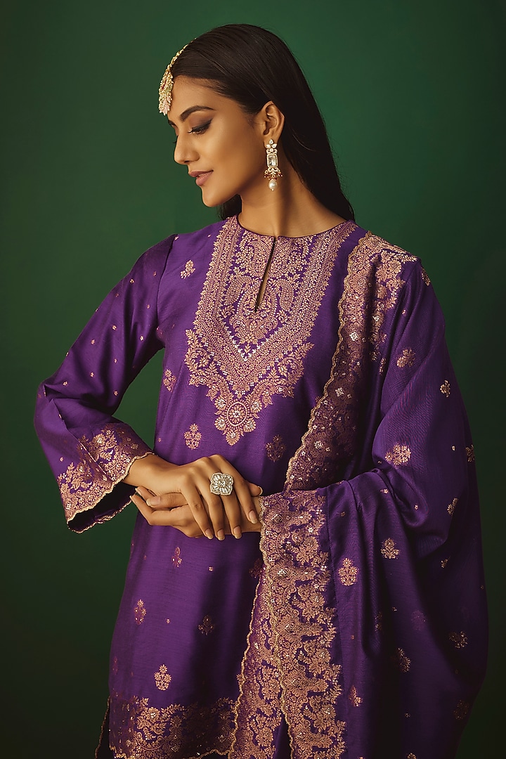Purple Vegan Silk Woven Zari Work Short Kurta Set by Safaa at Pernia's Pop Up Shop