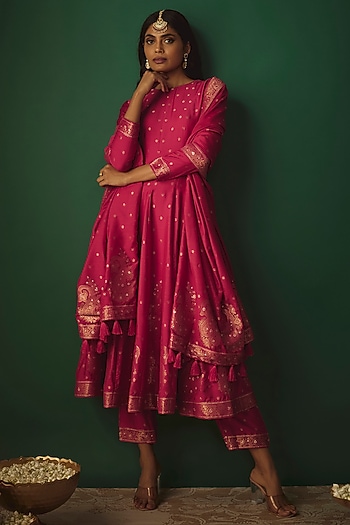 Fuchsia Pink Vegan Silk Woven Zari Work Wedding Anarkali Set by Safaa at Pernia's Pop Up Shop