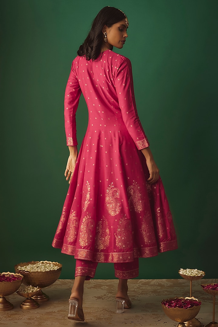 Fuchsia Pink Vegan Silk Woven Zari Work Wedding Anarkali Set by Safaa at Pernia's Pop Up Shop