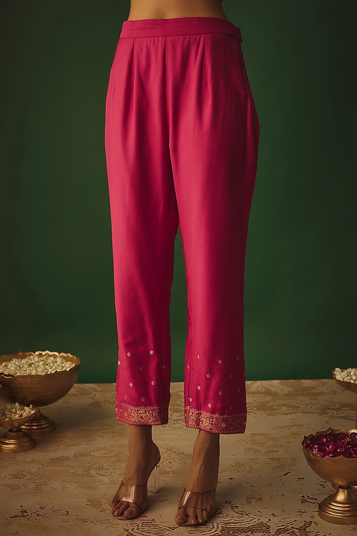 Fuchsia Pink Vegan Silk Woven Zari Work Wedding Anarkali Set by Safaa at Pernia's Pop Up Shop