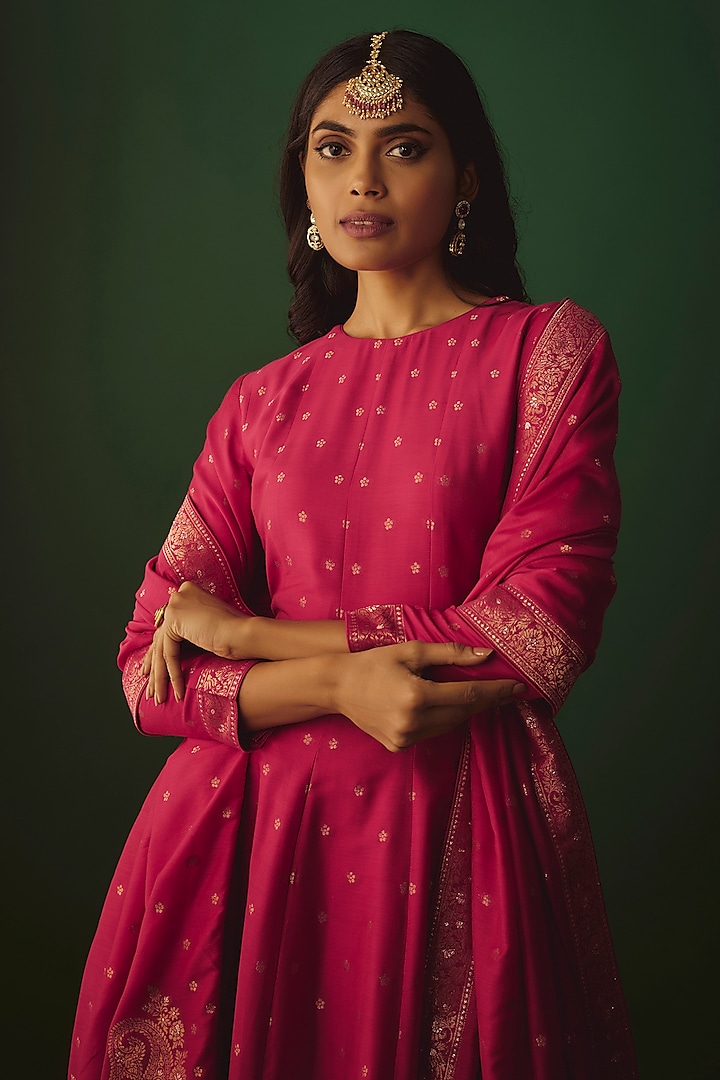 Fuchsia Pink Vegan Silk Woven Zari Work Wedding Anarkali Set by Safaa at Pernia's Pop Up Shop