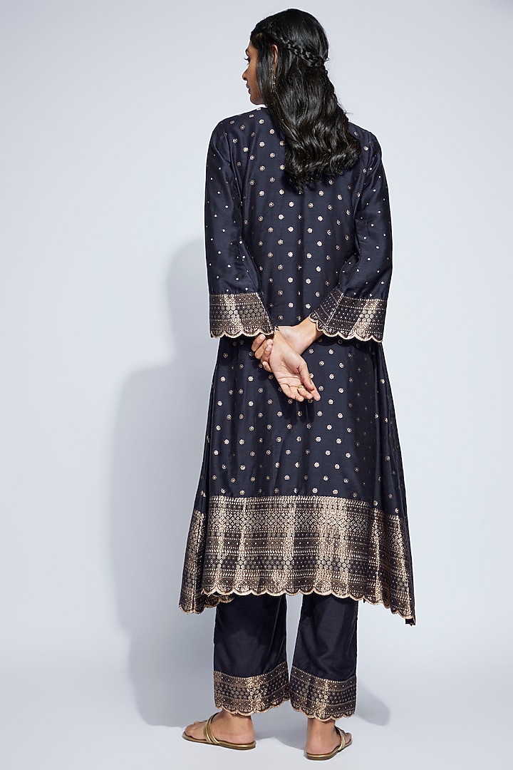Navy Vegan Silk Golden Woven Work Kurta Set by Safaa at Pernia's Pop Up Shop