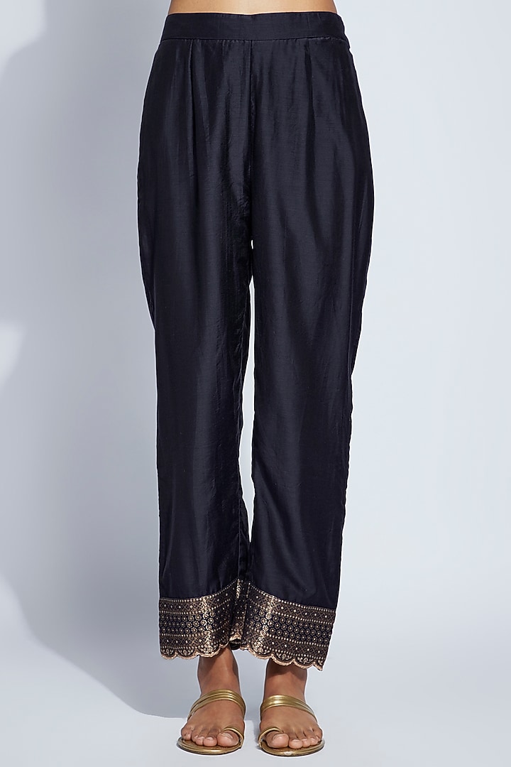 Navy Vegan Silk Golden Woven Work Kurta Set by Safaa at Pernia's Pop Up Shop