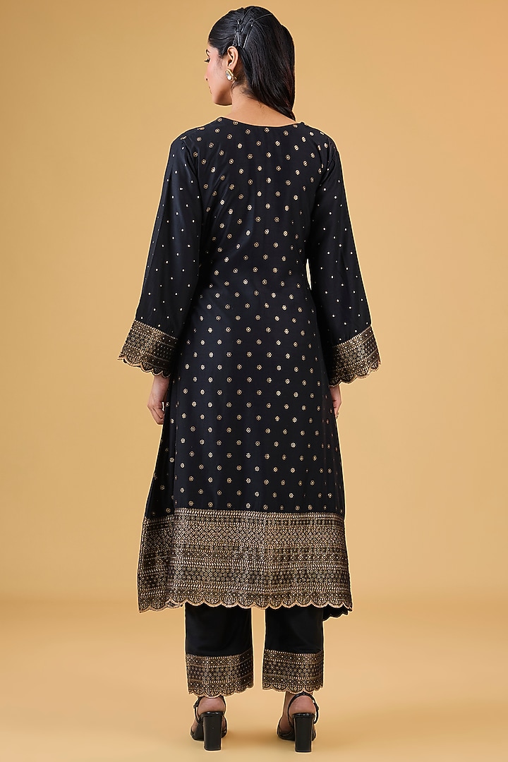 Black Vegan Silk Embroidered Kurta Set by Safaa at Pernia's Pop Up Shop